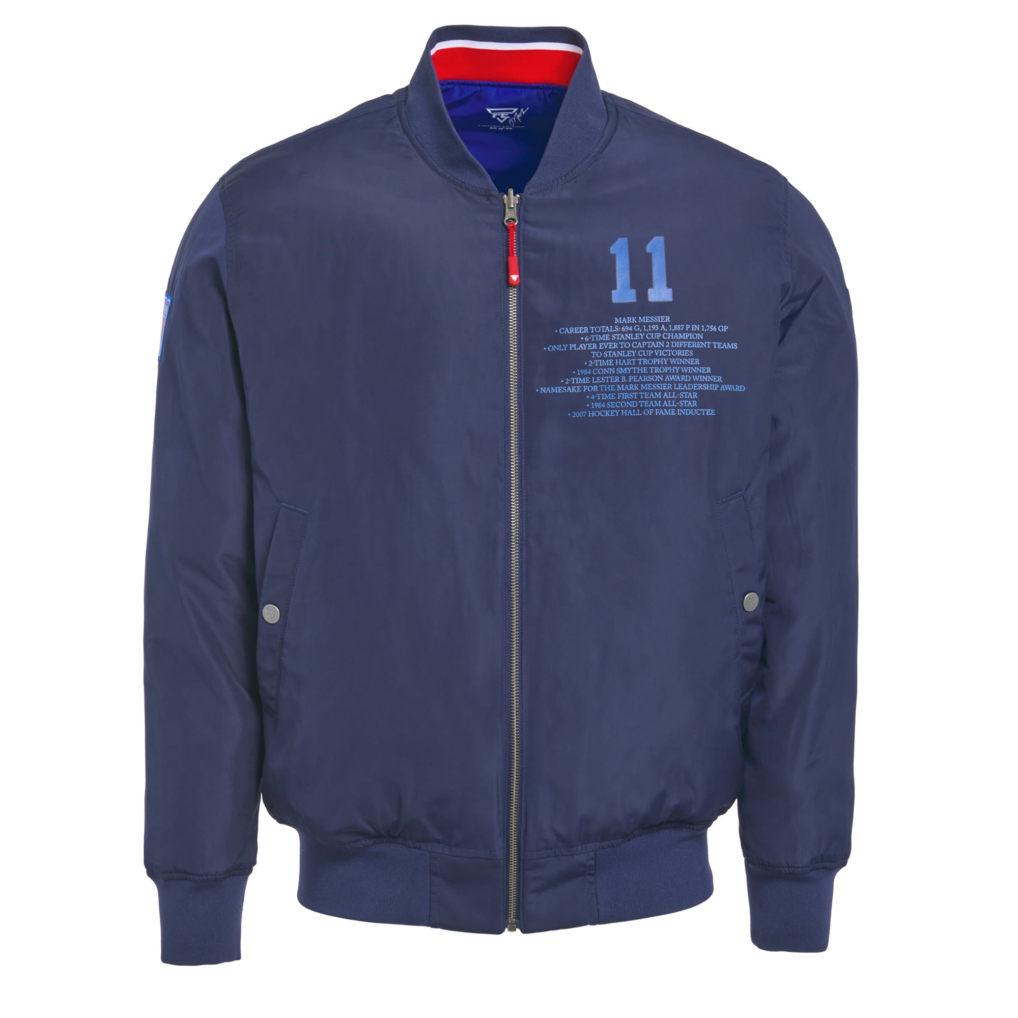 Veste bomber réversible zippée pour homme FE Mark Messier bleu marine/marine des Rangers de New York